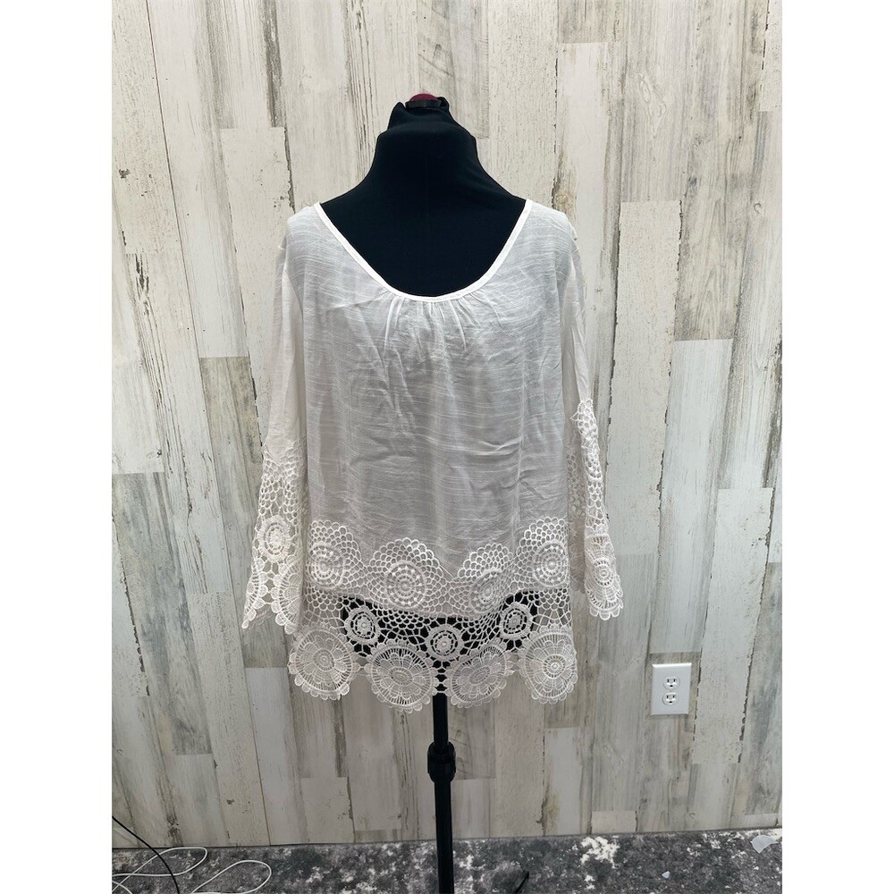 Unique Spectrum Womens M White Gauzy Tunic Boho LS Lace Trim Sheer sku749
